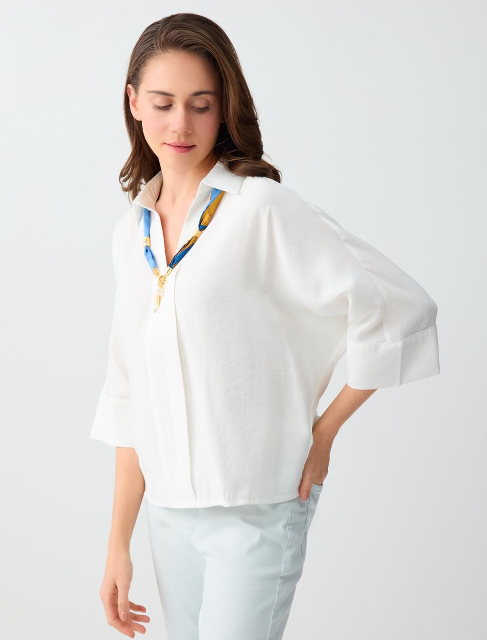Loose Fit Shirt Collar 3/4 Sleeve Blouse - White - 6SW036566100
