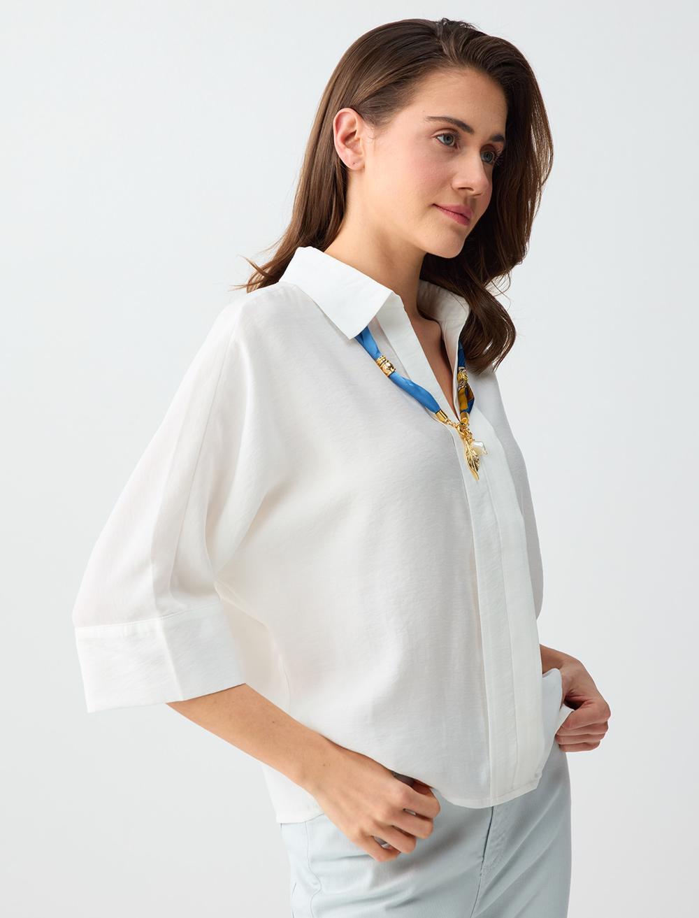 Loose Fit Shirt Collar 3/4 Sleeve Blouse - White - 6SW036566100