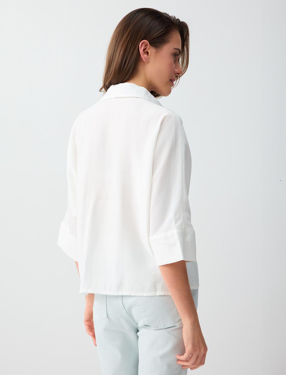 Loose Fit Shirt Collar 3/4 Sleeve Blouse - White - 6SW036566100