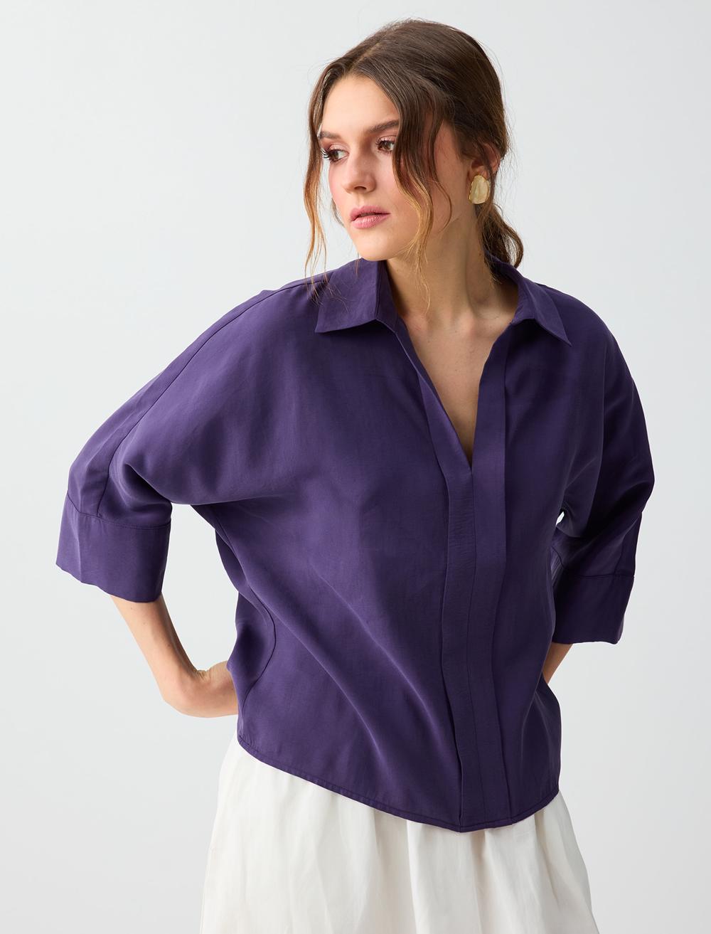 Loose Fit Shirt Collar 3/4 Sleeve Blouse - Purple - 6SW036566503