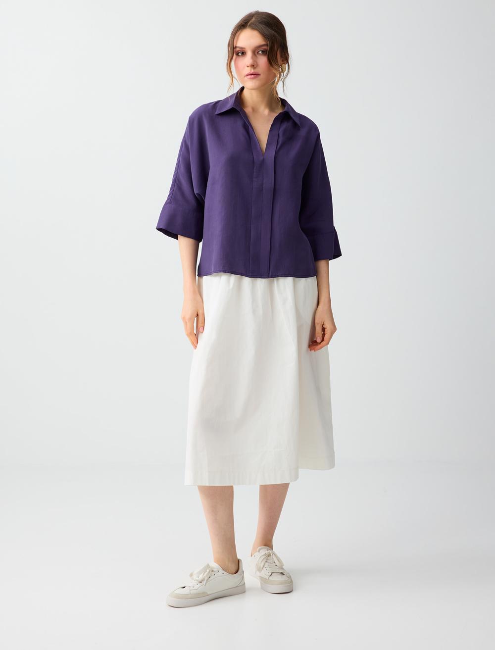 Loose Fit Shirt Collar 3/4 Sleeve Blouse - Purple - 6SW036566503