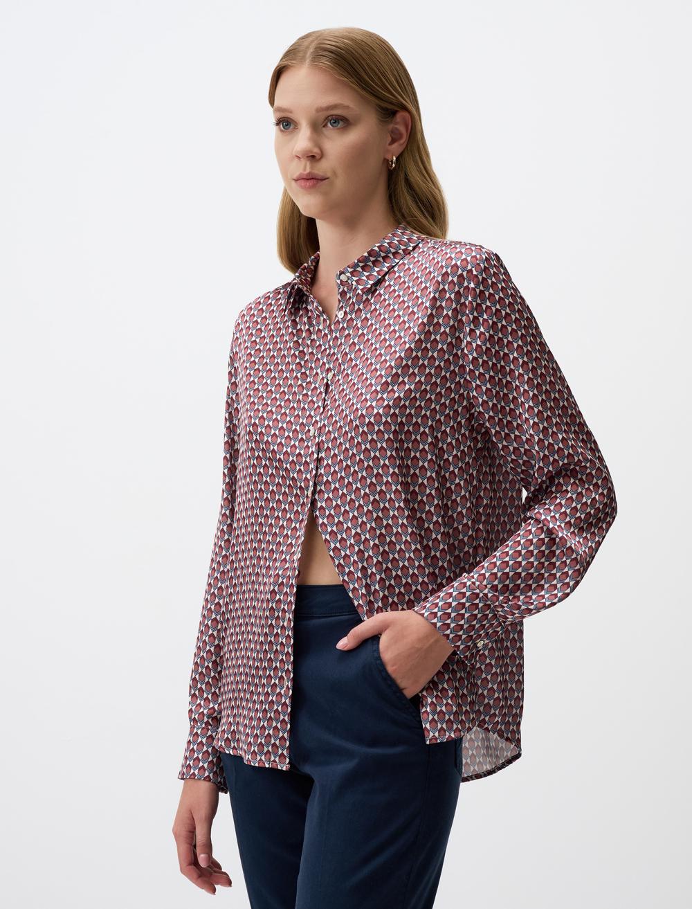 Patterned Long Sleeve Satin Shirt