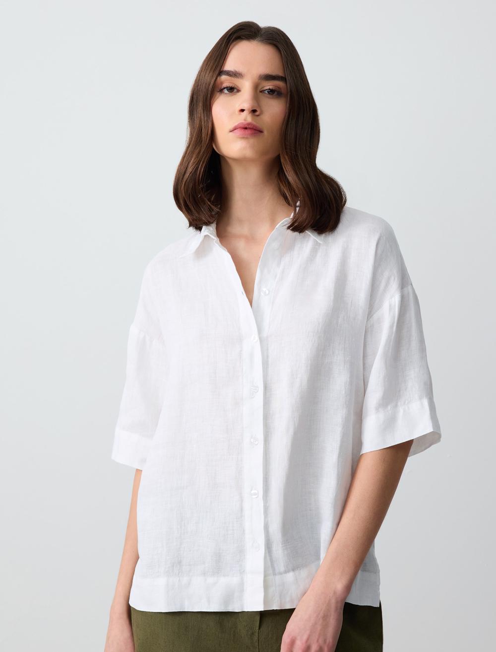 Straight Cut Short Sleeve Woven Linen Shirt
