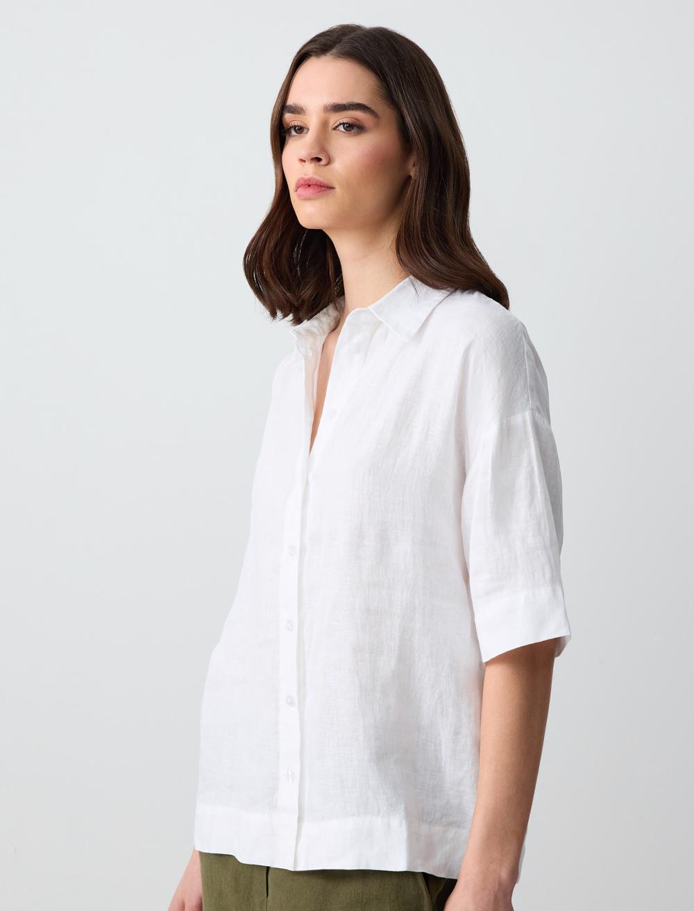 Straight Cut Short Sleeve Woven Linen Shirt