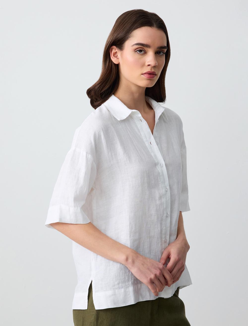 Straight Cut Short Sleeve Woven Linen Shirt