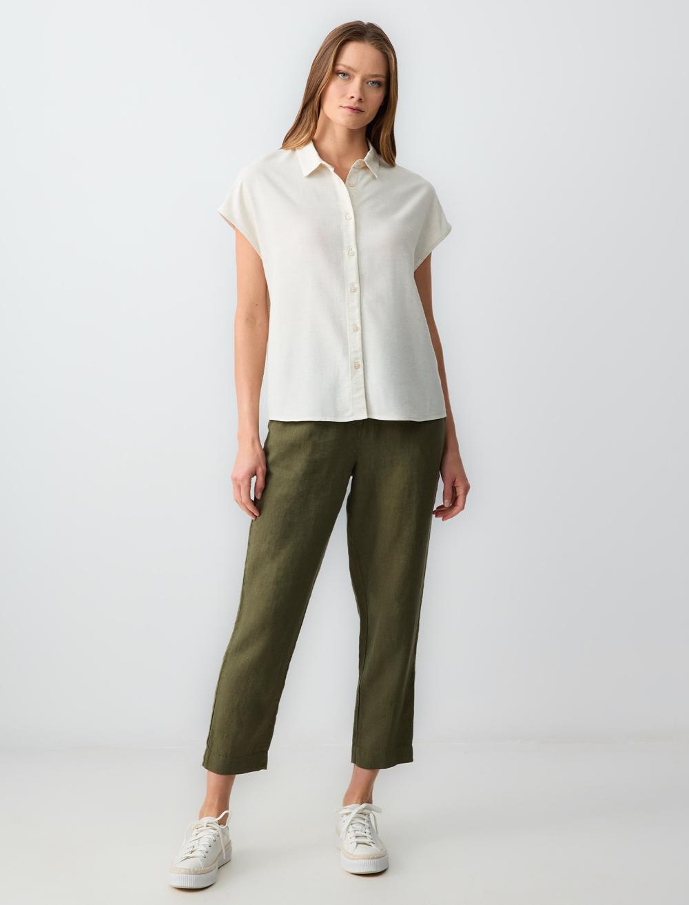 Loose Fit Shirt Collar Short-Sleeve Shirt - Ecru - 5SW083608114