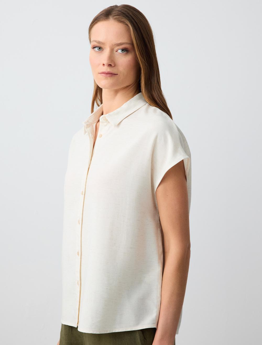 Loose Fit Shirt Collar Short-Sleeve Shirt - Ecru - 5SW083608114