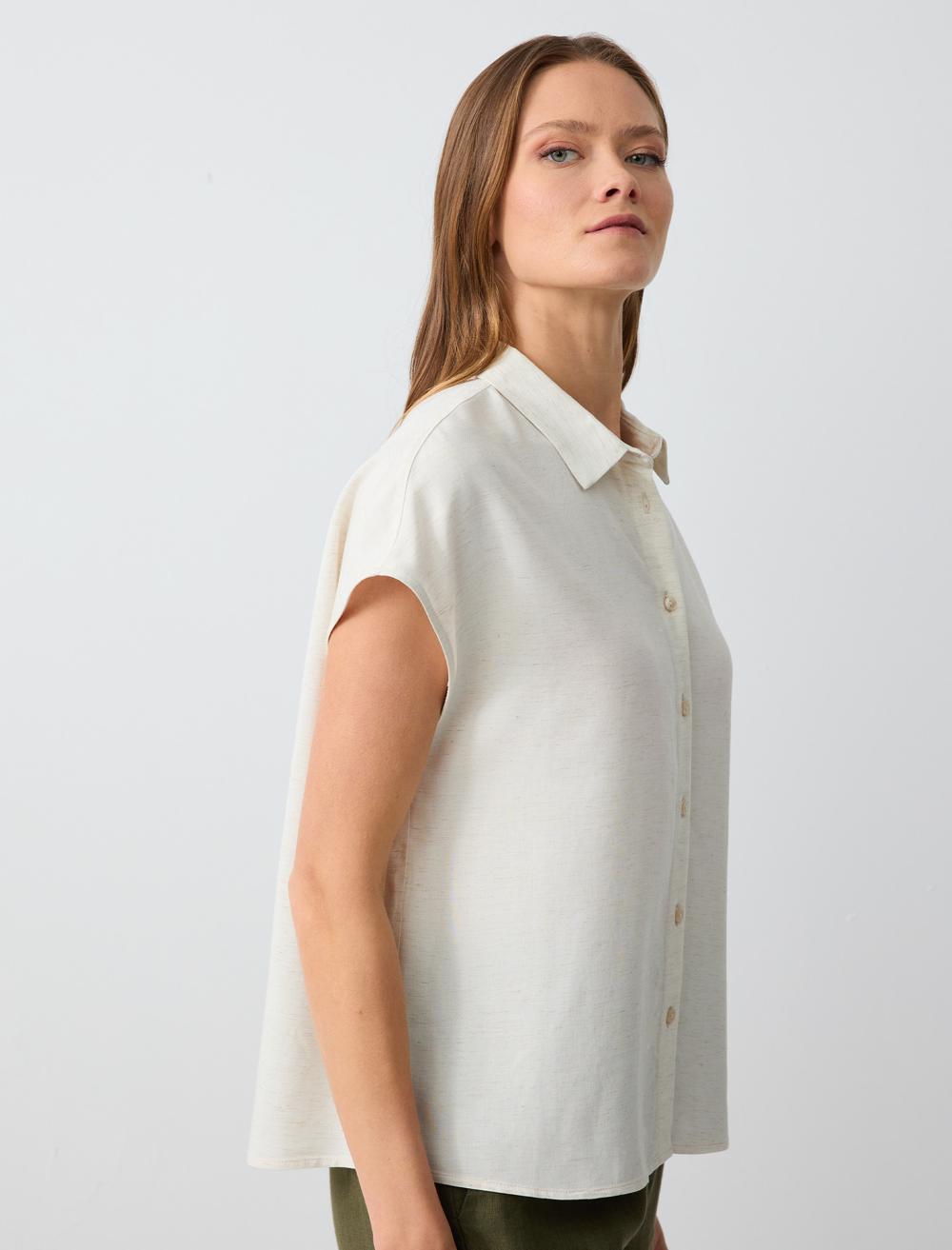 Loose Fit Shirt Collar Short-Sleeve Shirt - Ecru - 5SW083608114