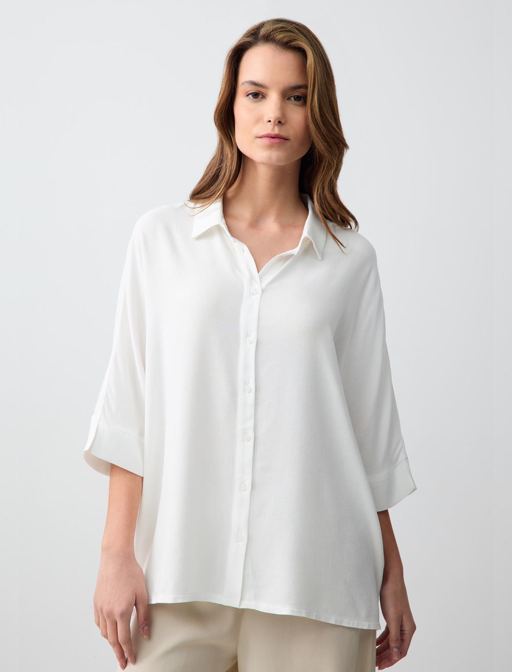 Loose Fit Shirt Collar 3/4 Length-Sleeve Shirt - 5SW083610