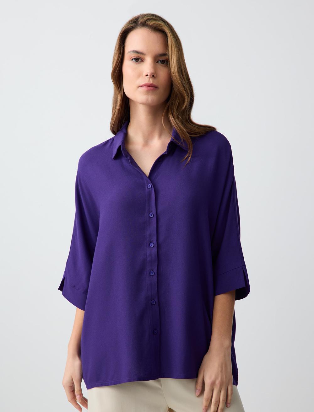 Loose Fit Shirt Collar 3/4 Length-Sleeve Shirt - Purple