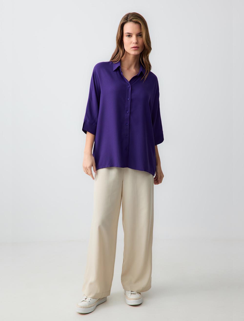 Loose Fit Shirt Collar 3/4 Length-Sleeve Shirt - 5SW083610