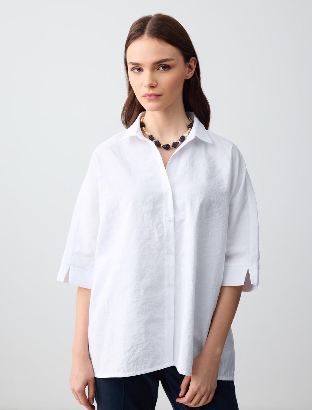 Loose Fit Shirt Collar 3/4 Length-Sleeve Shirt - 5SW083640