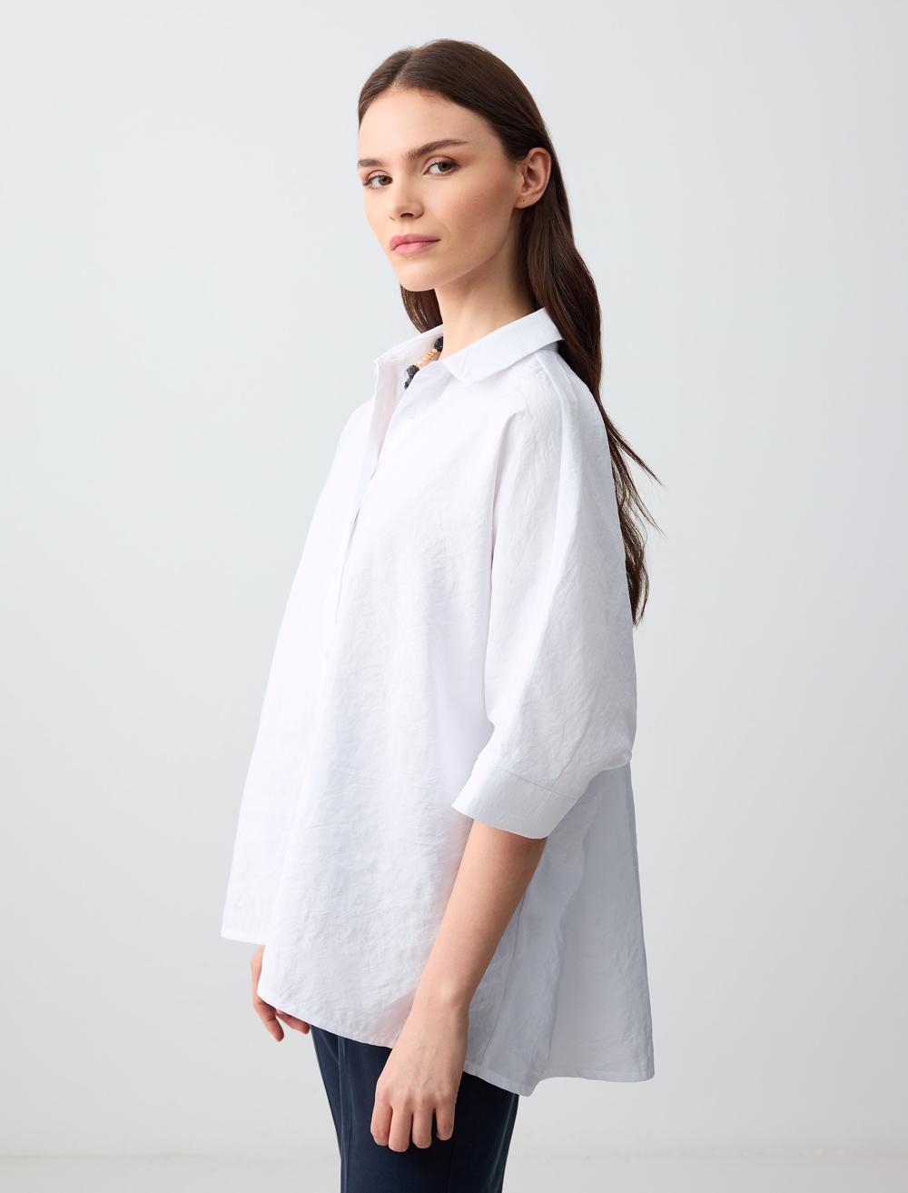 Loose Fit Shirt Collar 3/4 Length-Sleeve Shirt - 5SW083640
