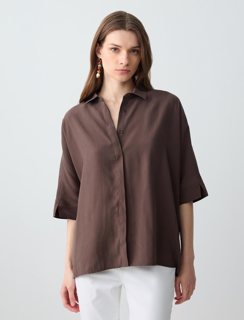 Loose Fit Shirt Collar 3/4 Length-Sleeve Shirt - 5SW084132