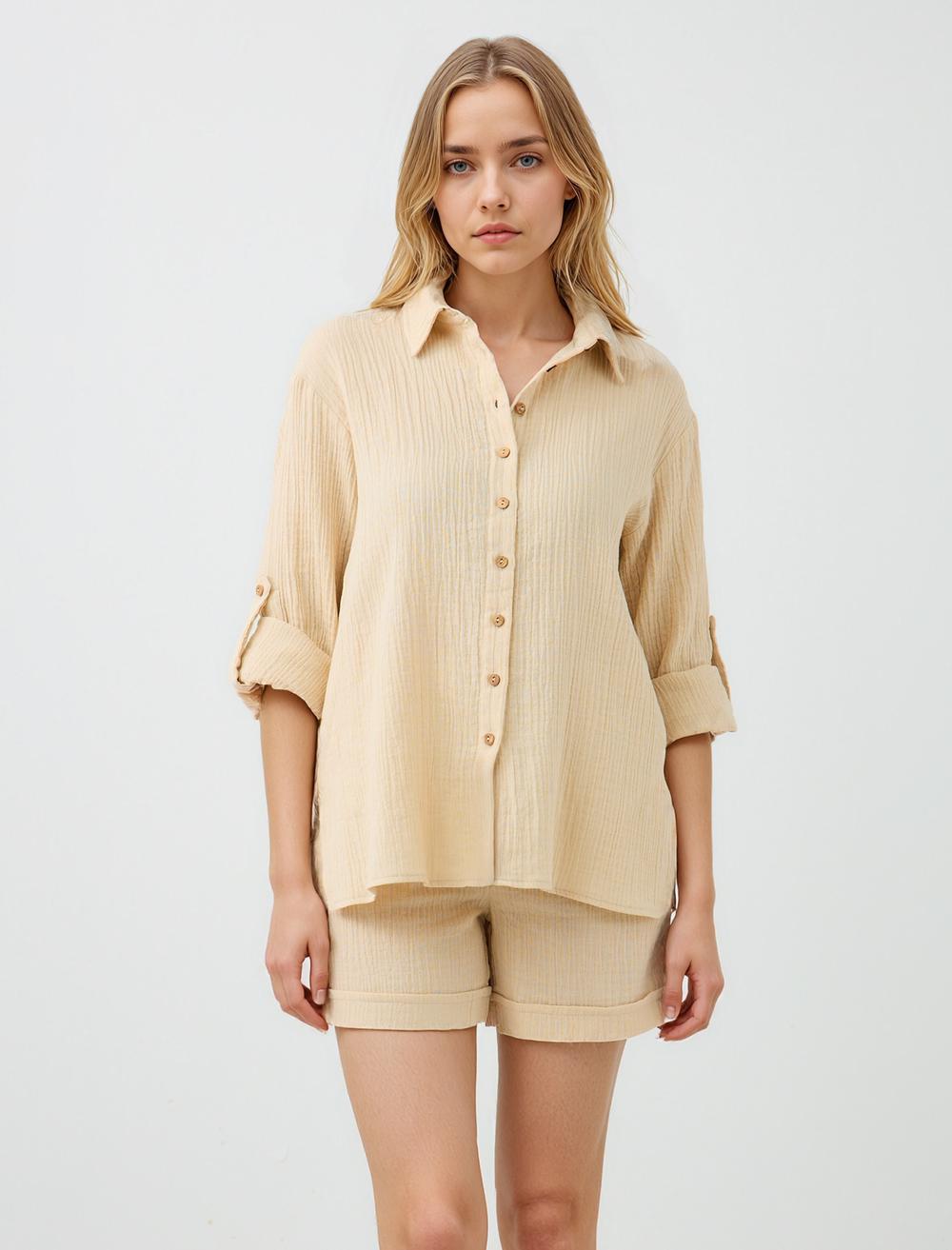 Shirt Collar Long-Sleeve Shirt - Beige - 5SW084456130
