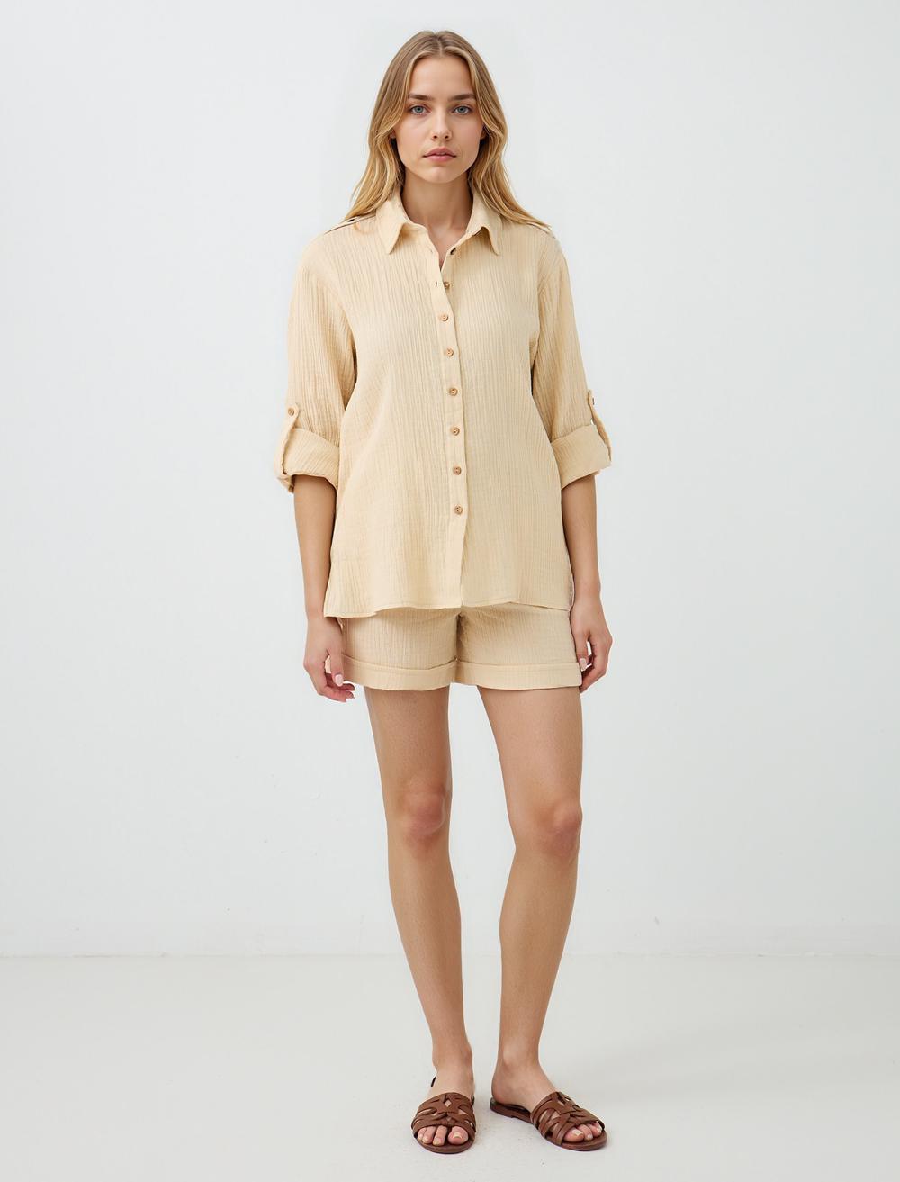 Shirt Collar Long-Sleeve Shirt - Beige - 5SW084456130