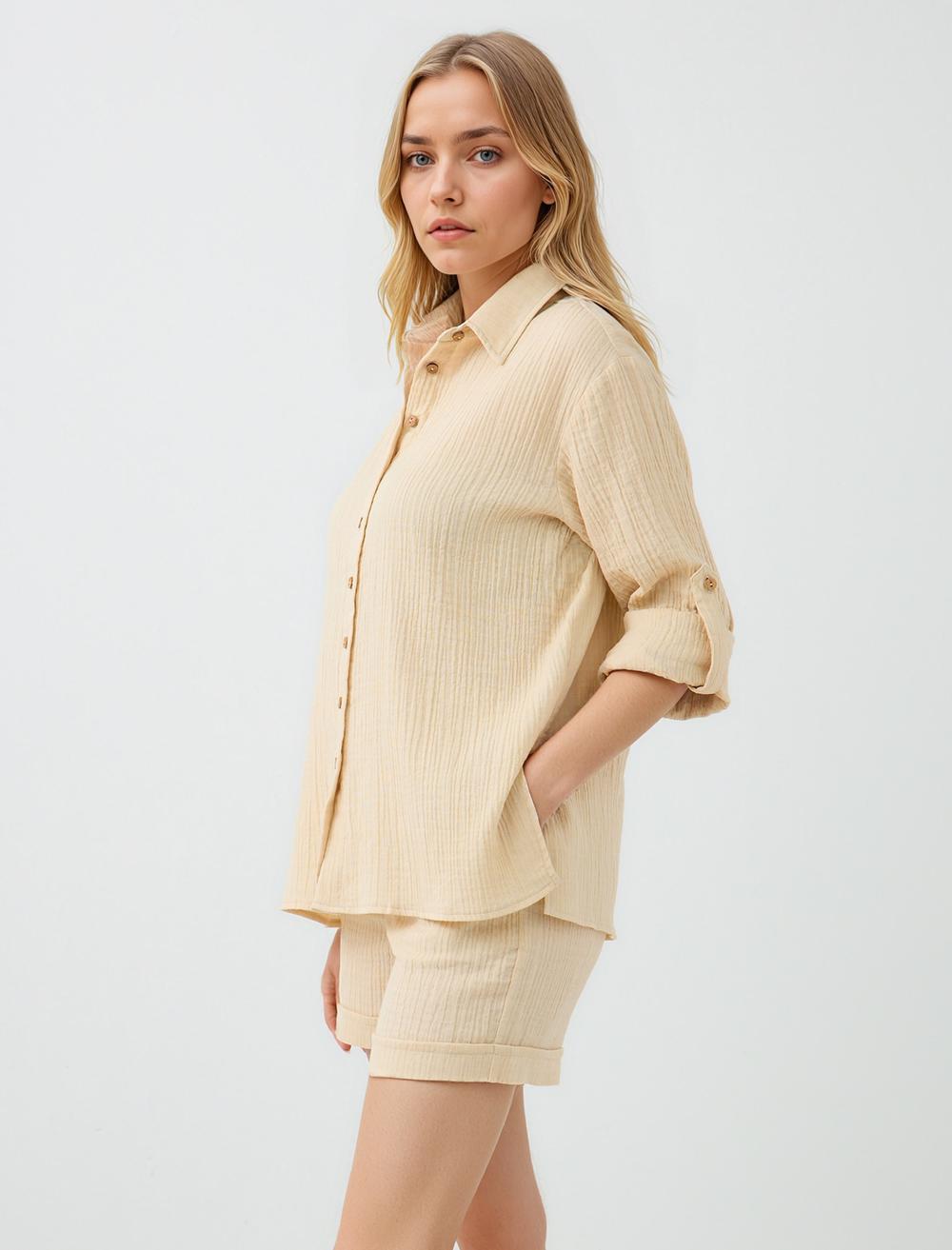 Shirt Collar Long-Sleeve Shirt - Beige - 5SW084456130