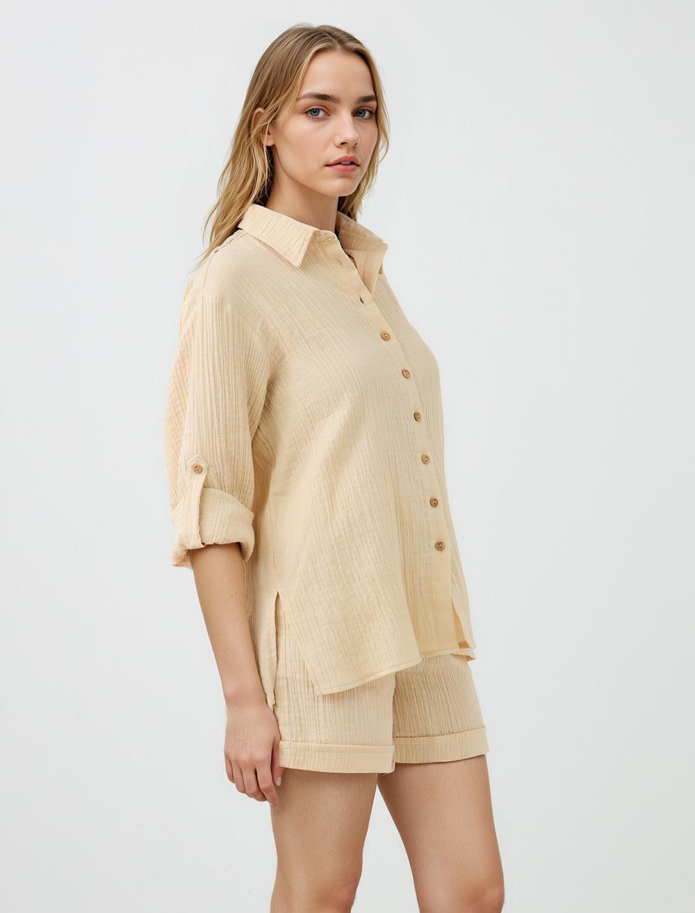 Shirt Collar Long-Sleeve Shirt - Beige - 5SW084456130