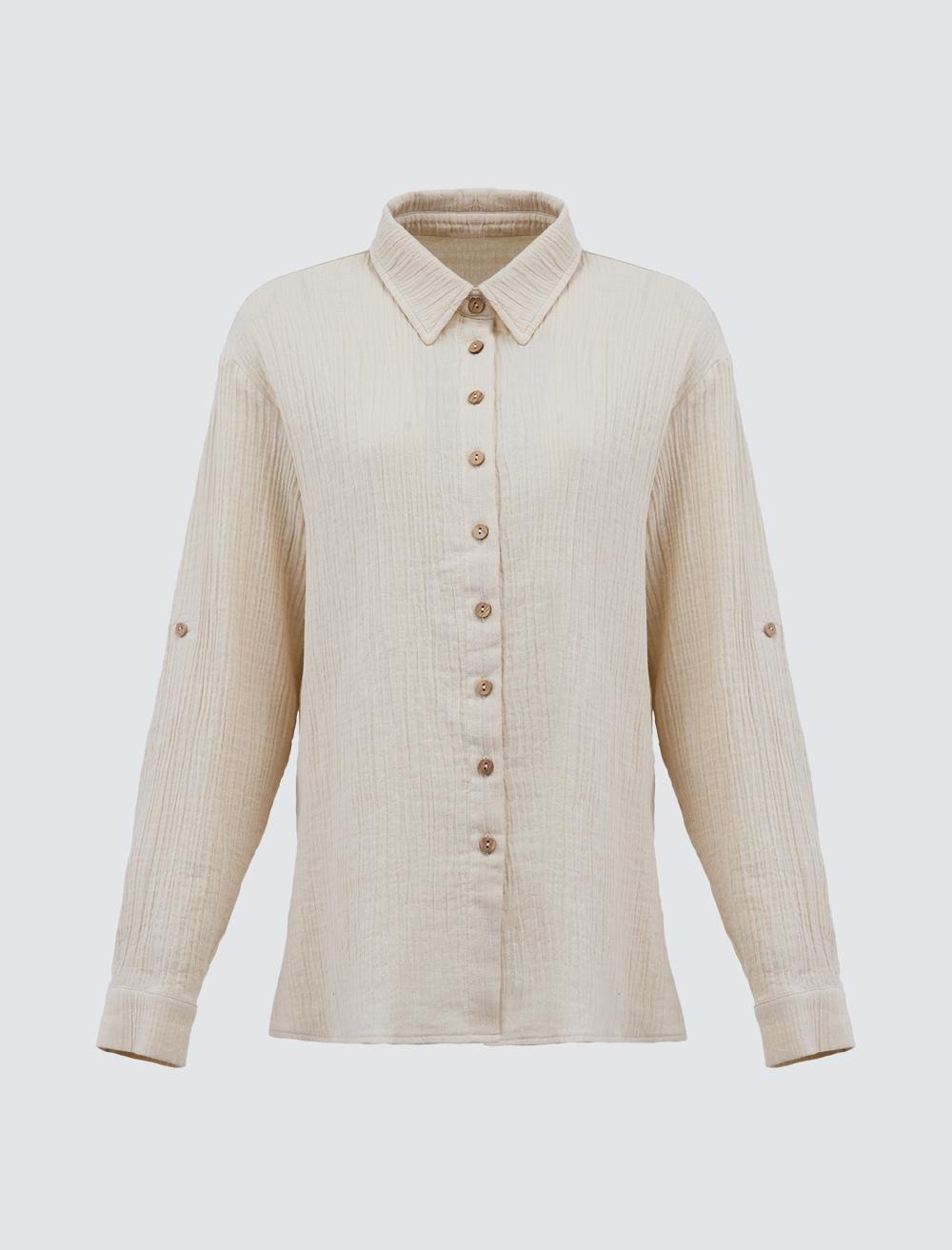 Shirt Collar Long-Sleeve Shirt - Beige - 5SW084456130