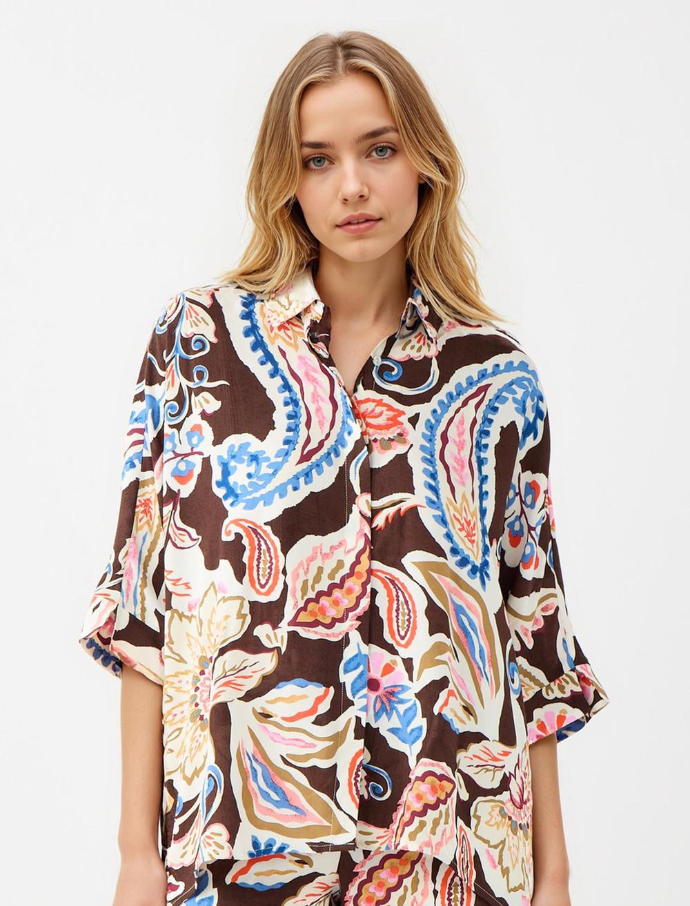Loose Fit Shirt Collar 3/4 Length-Sleeve Shirt - 5WW085511