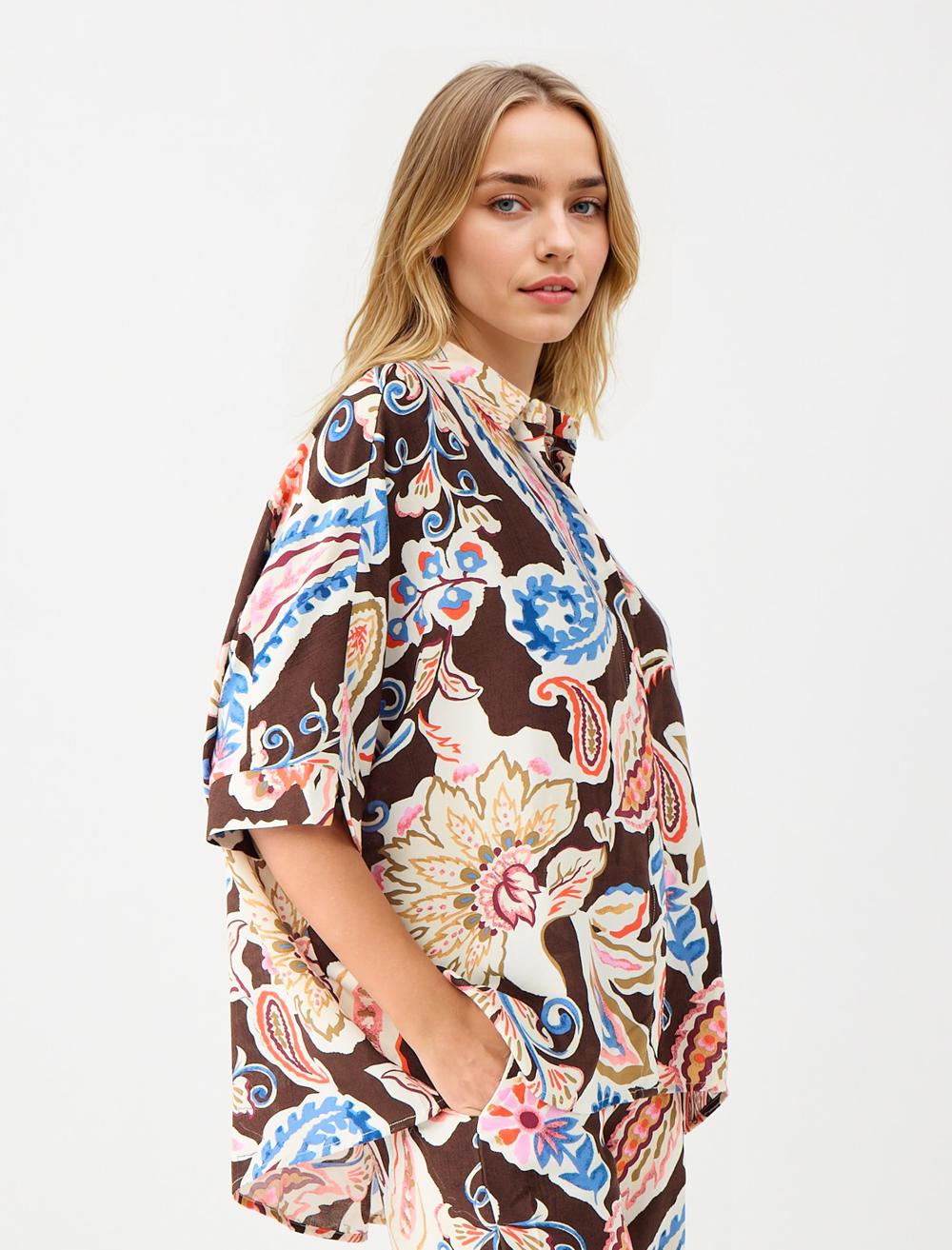 Loose Fit Shirt Collar 3/4 Length-Sleeve Shirt - 5WW085511