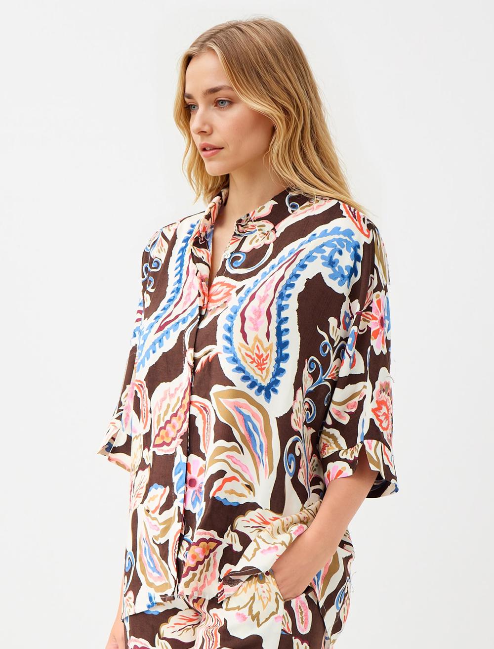 Loose Fit Shirt Collar 3/4 Length-Sleeve Shirt - 5WW085511