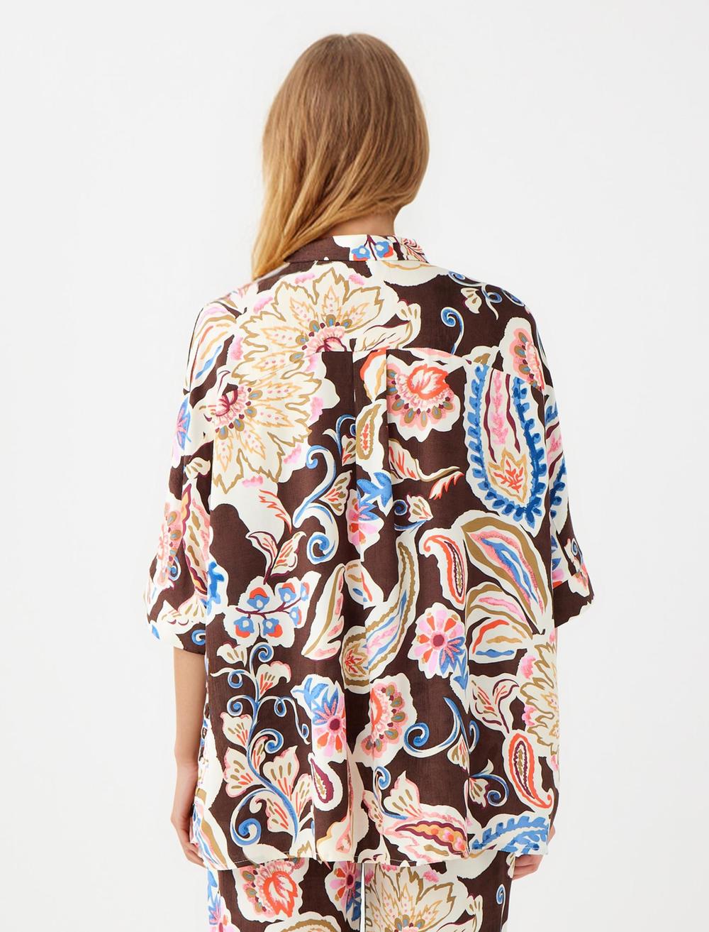 Loose Fit Shirt Collar 3/4 Length-Sleeve Shirt - 5WW085511
