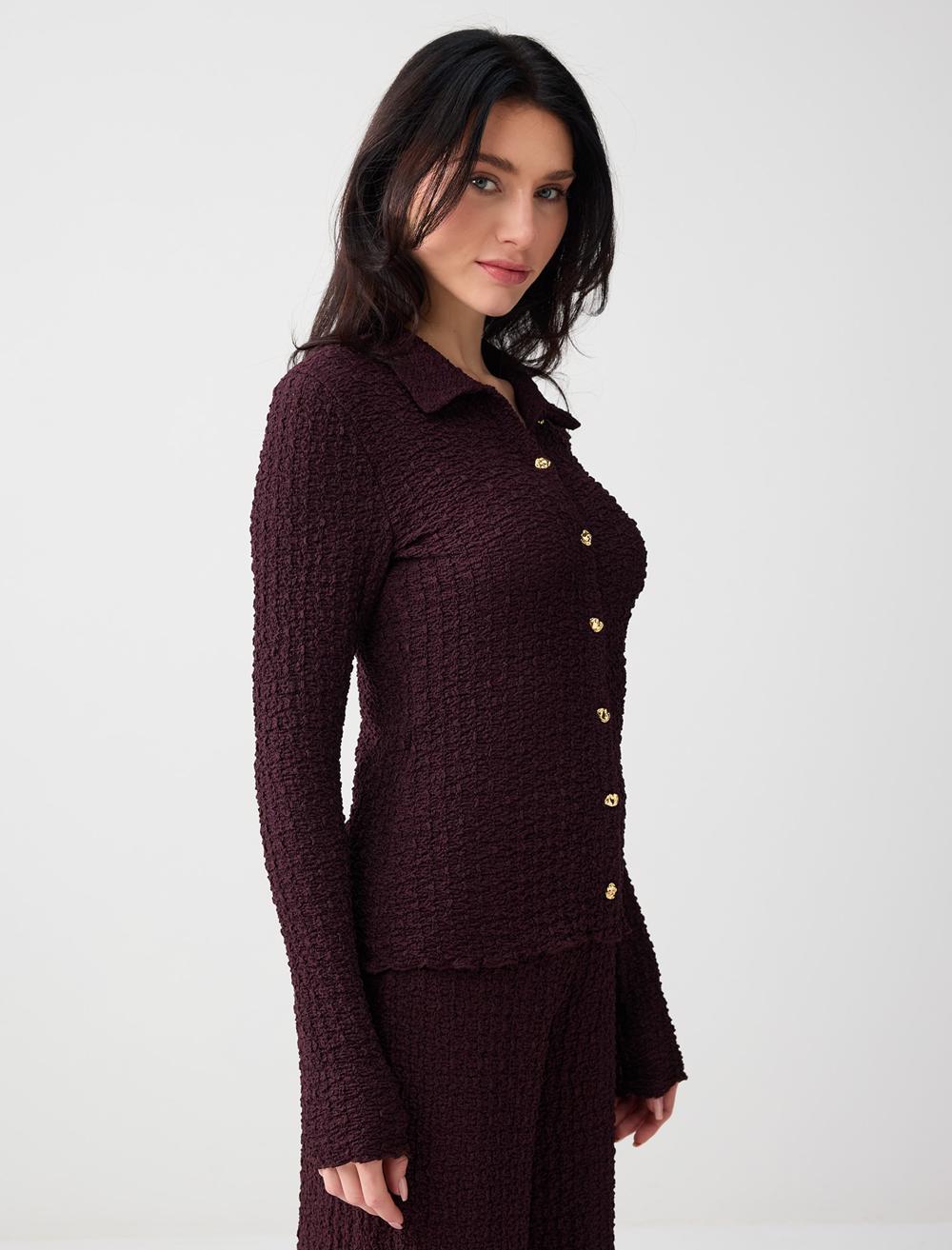 Slim Fit Long Sleeve Shirt - Burgundy - 6SW085547562