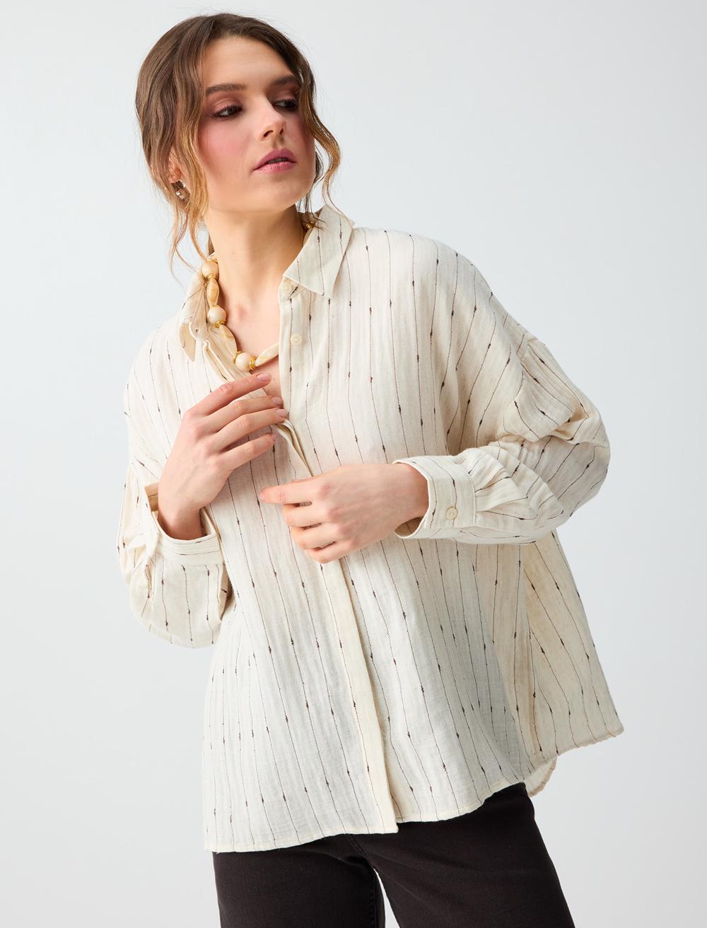 Loose Fit Shirt Collar Long Sleeve Shirt - Ecru - 6SW086663114
