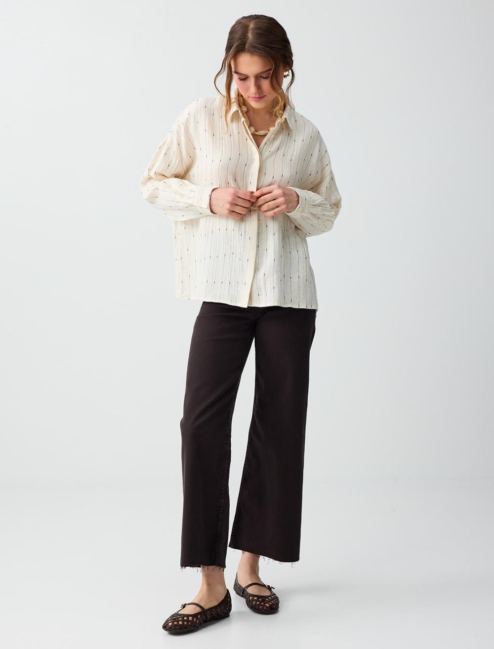 Loose Fit Shirt Collar Long Sleeve Shirt - Ecru - 6SW086663114
