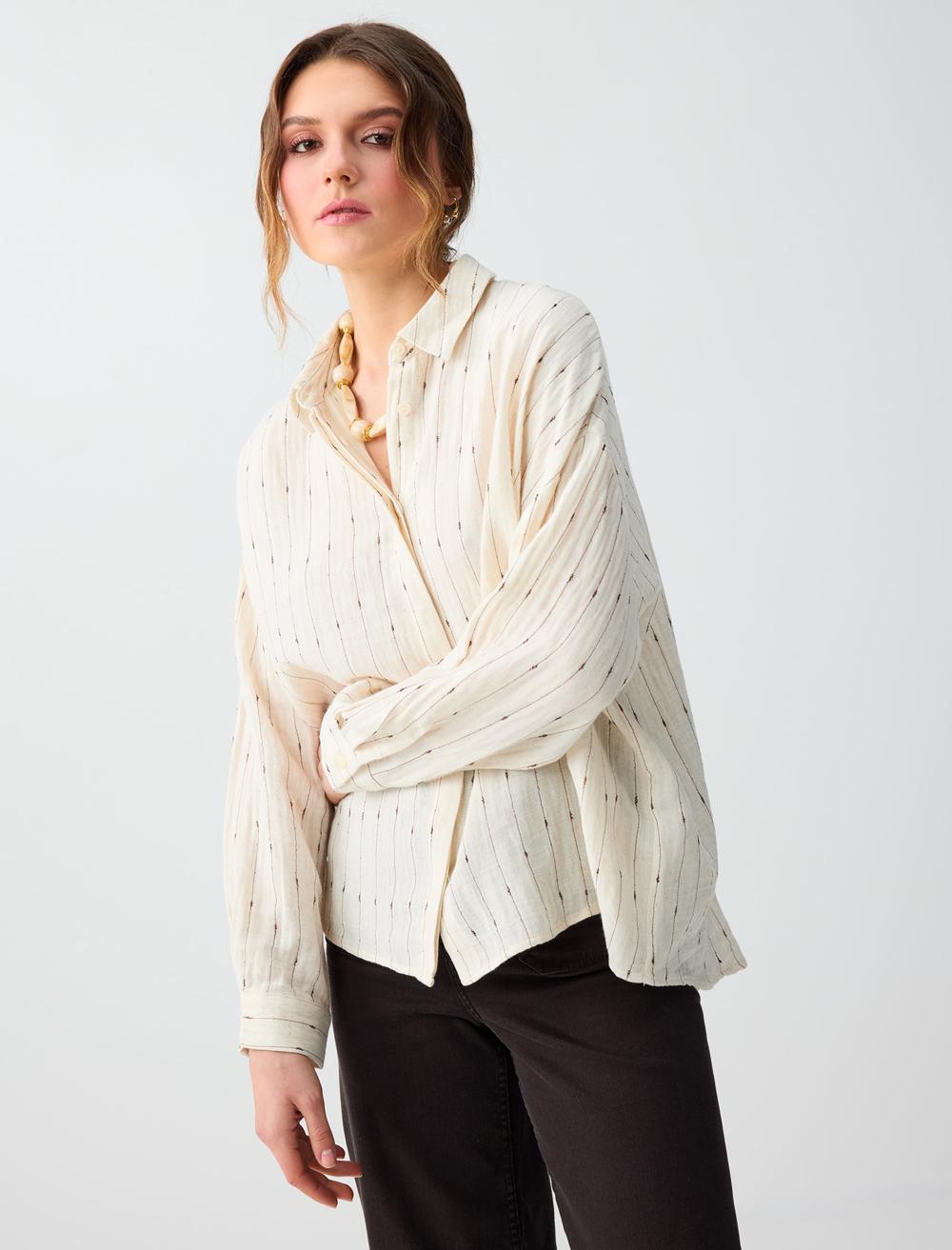 Loose Fit Shirt Collar Long Sleeve Shirt - Ecru - 6SW086663114