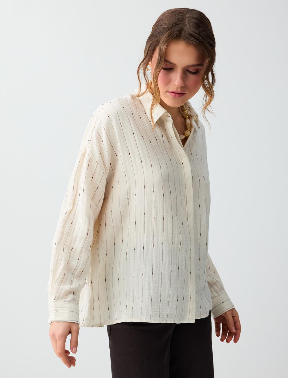 Loose Fit Shirt Collar Long Sleeve Shirt - Ecru - 6SW086663114