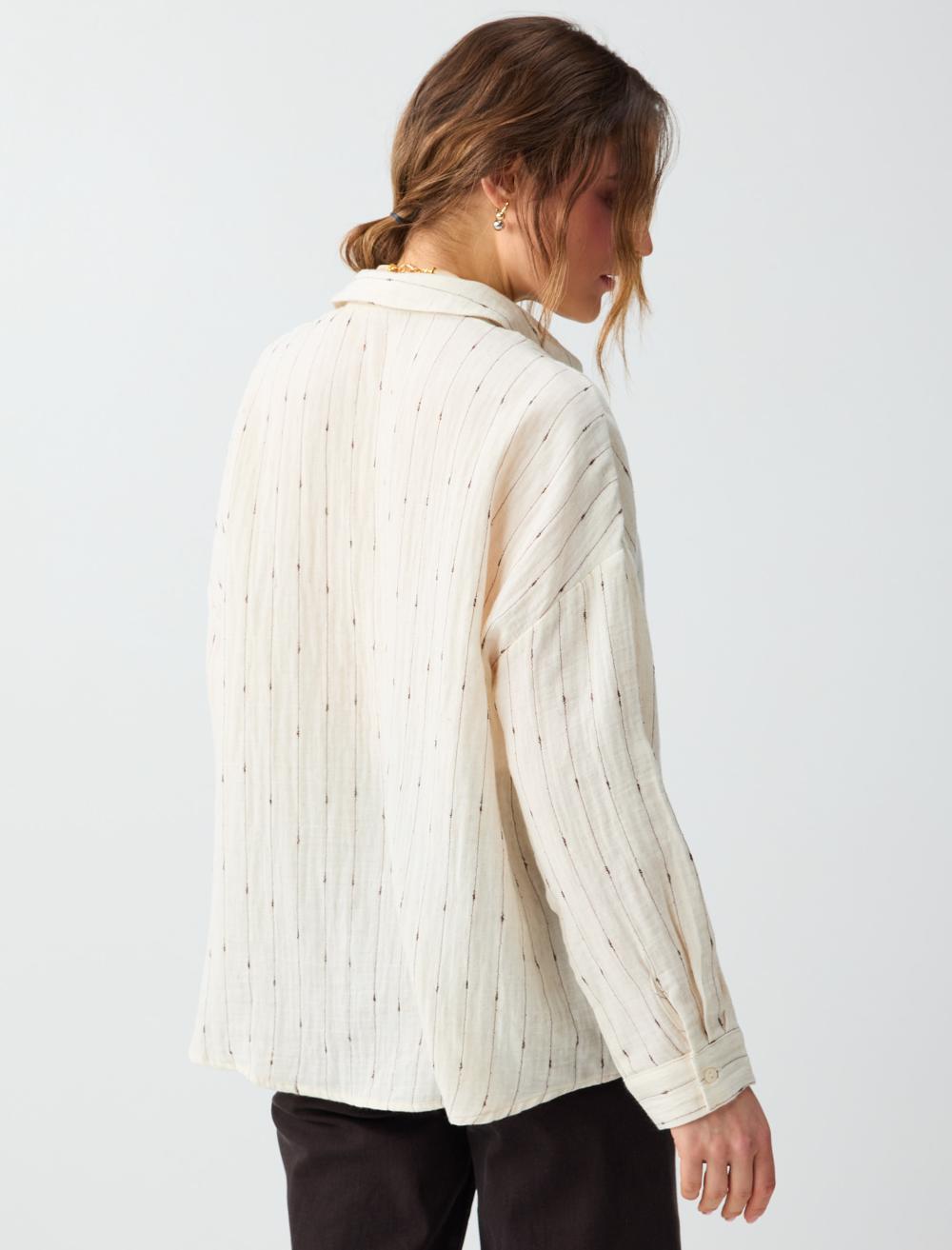 Loose Fit Shirt Collar Long Sleeve Shirt - Ecru - 6SW086663114