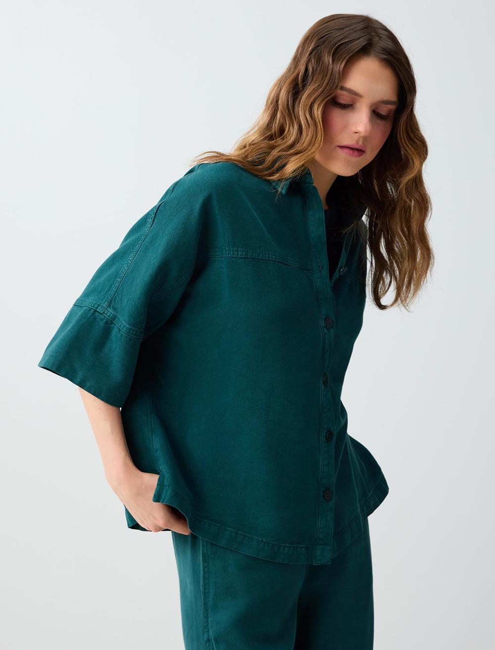 Loose Fit Shirt Collar 3/4 Sleeve Shirt - Dark Green - 6SW086678320