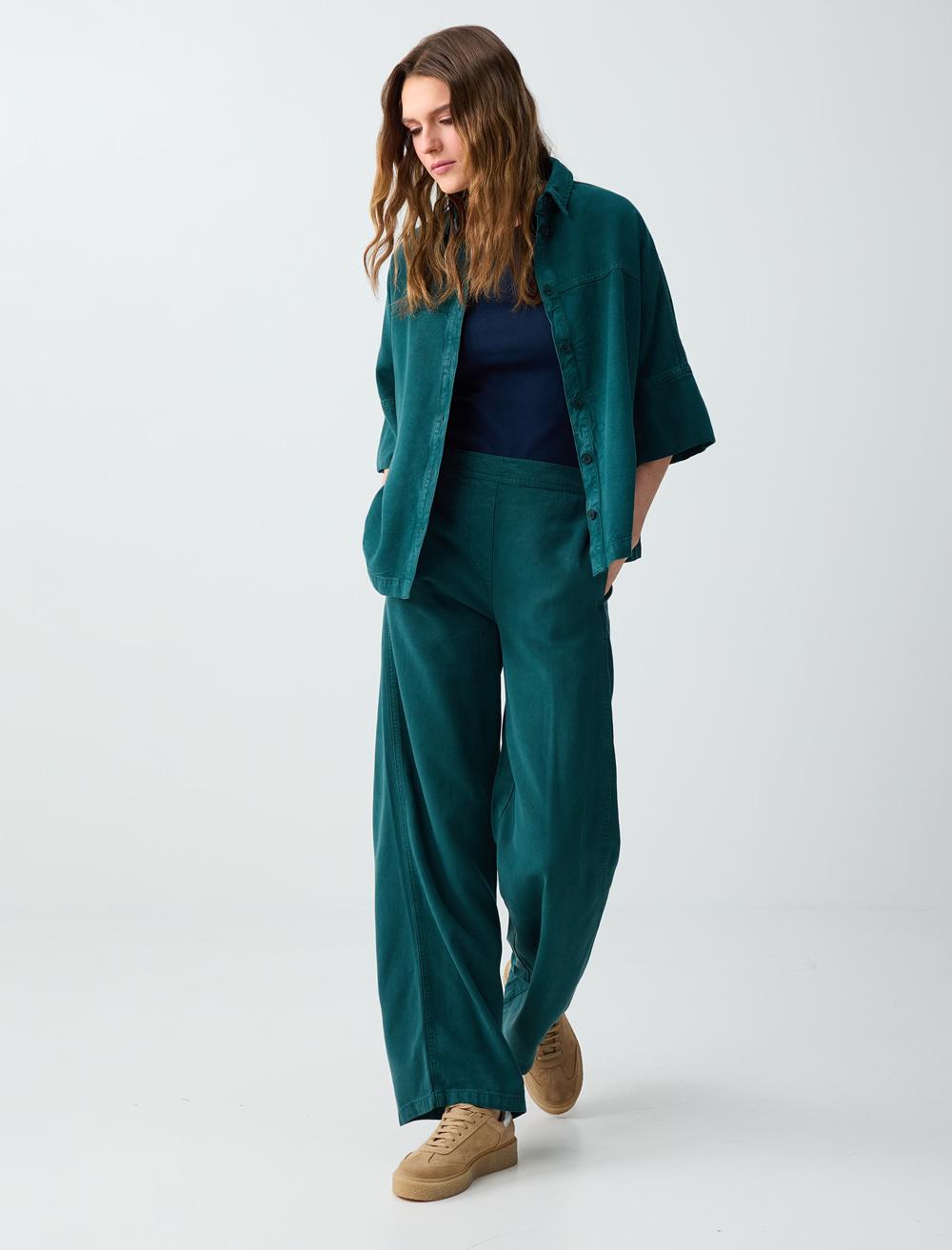 Loose Fit Shirt Collar 3/4 Sleeve Shirt - Dark Green - 6SW086678320
