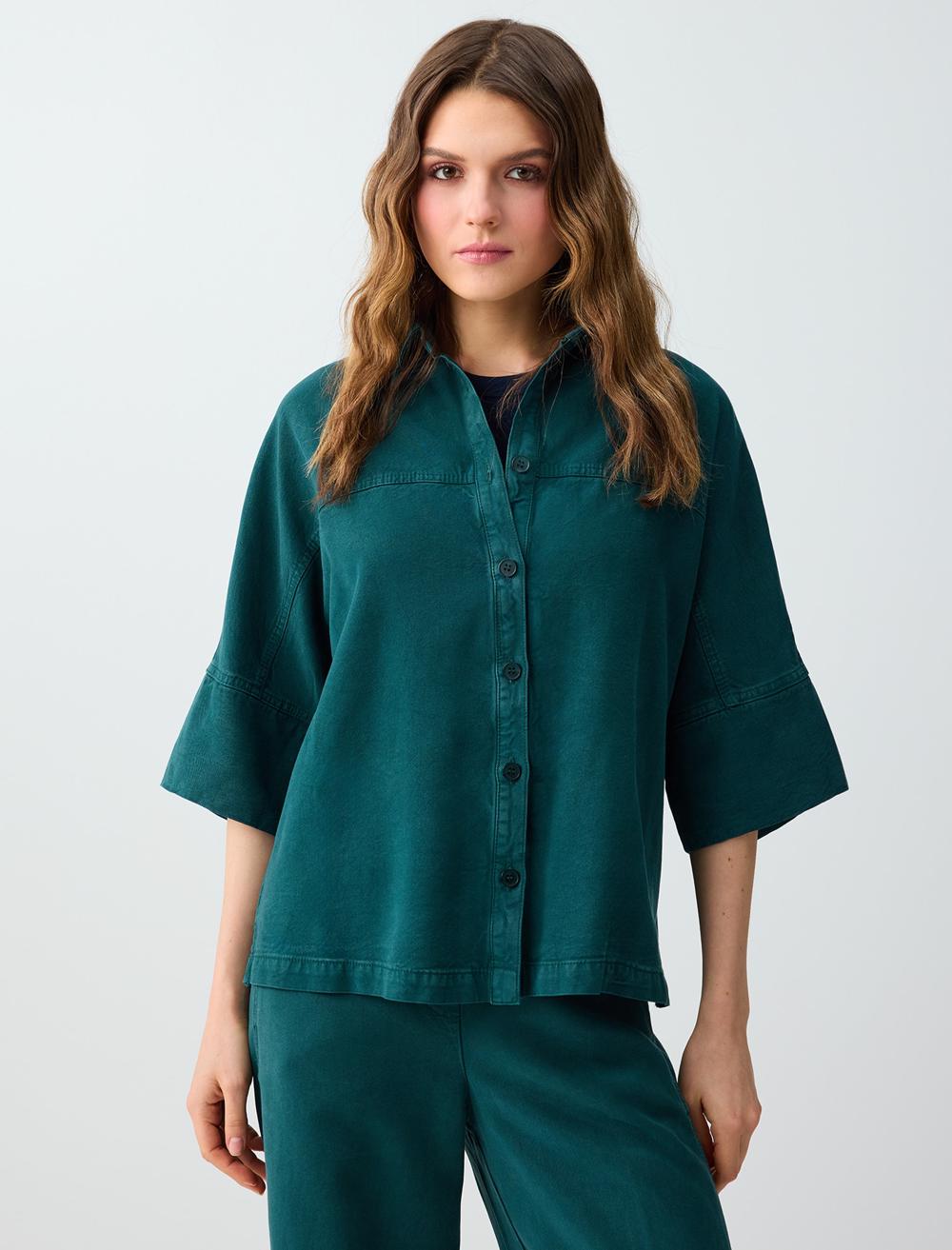 Loose Fit Shirt Collar 3/4 Sleeve Shirt - Dark Green - 6SW086678320