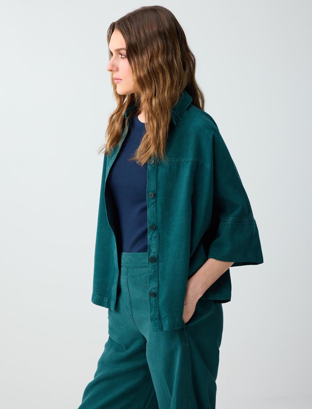 Loose Fit Shirt Collar 3/4 Sleeve Shirt - Dark Green - 6SW086678320