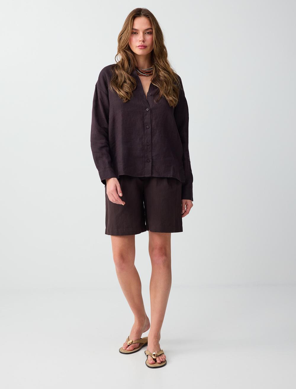 Normal Fit Shirt Collar Long Sleeve Shirt - Bitter Brown - 6SW087019803