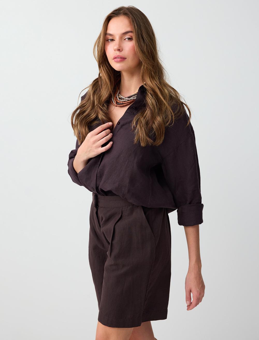 Normal Fit Shirt Collar Long Sleeve Shirt - Bitter Brown - 6SW087019803