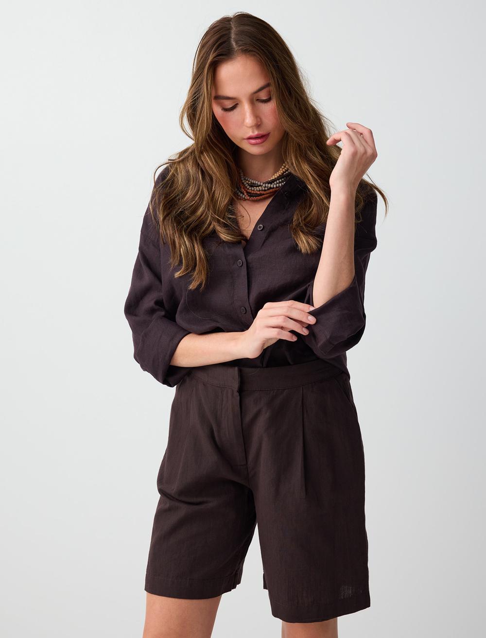 Normal Fit Shirt Collar Long Sleeve Shirt - Bitter Brown - 6SW087019803