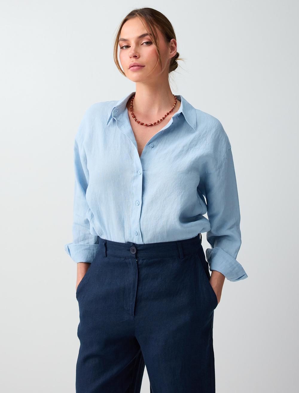 Normal Fit Shirt Collar Long Sleeve Shirt - Light Blue - 6SW087019405