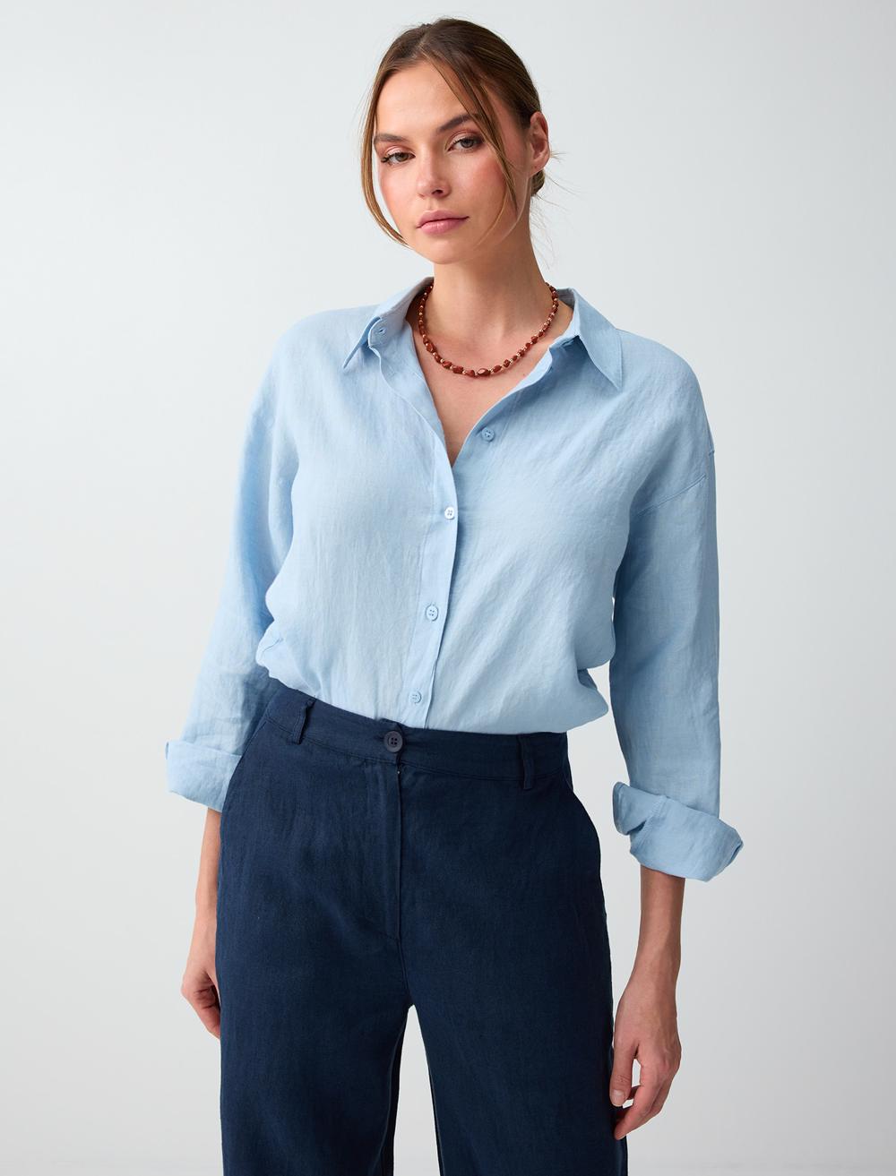 Normal Fit Shirt Collar Long Sleeve Shirt - Light Blue - 6SW087019405