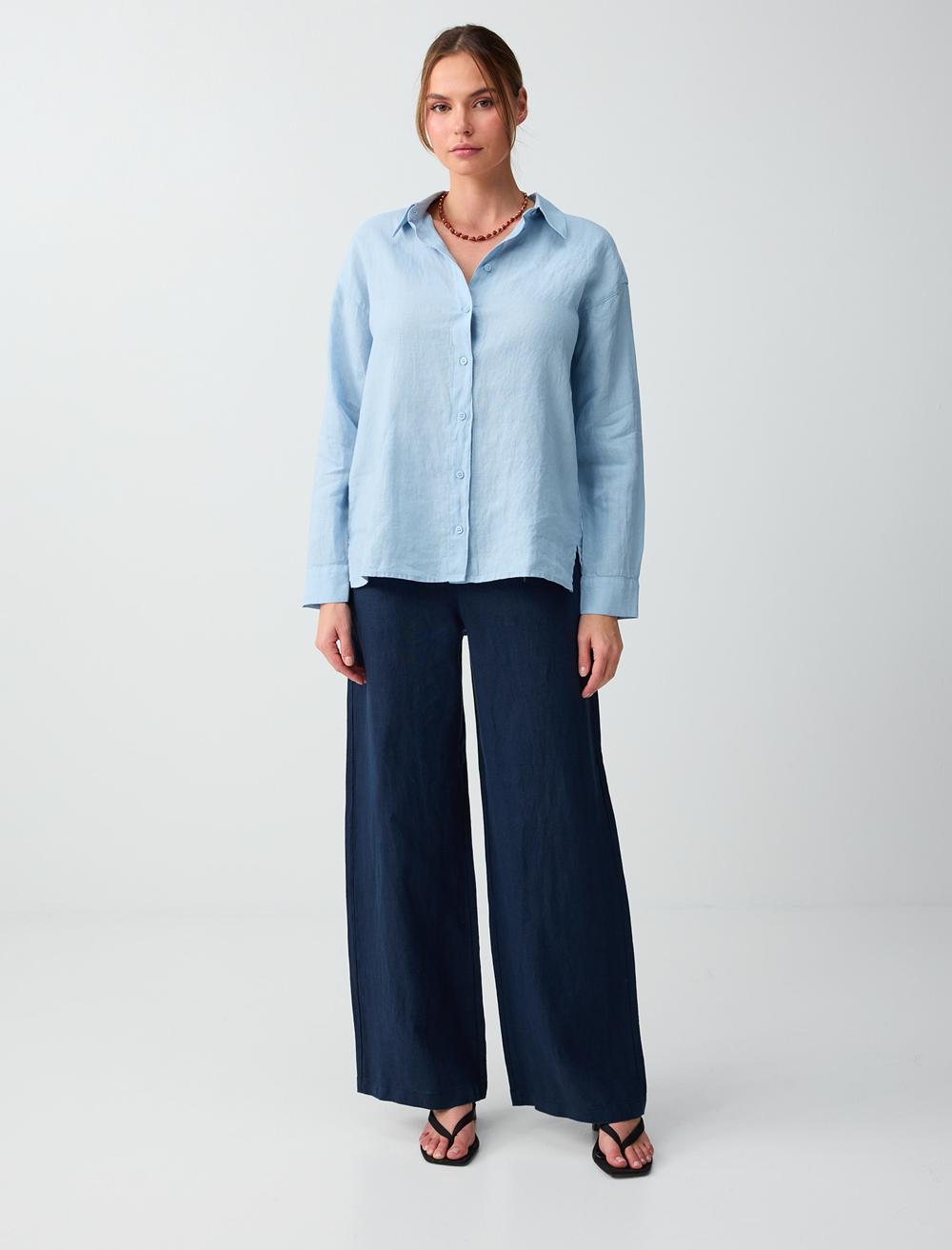Normal Fit Shirt Collar Long Sleeve Shirt - Light Blue - 6SW087019405