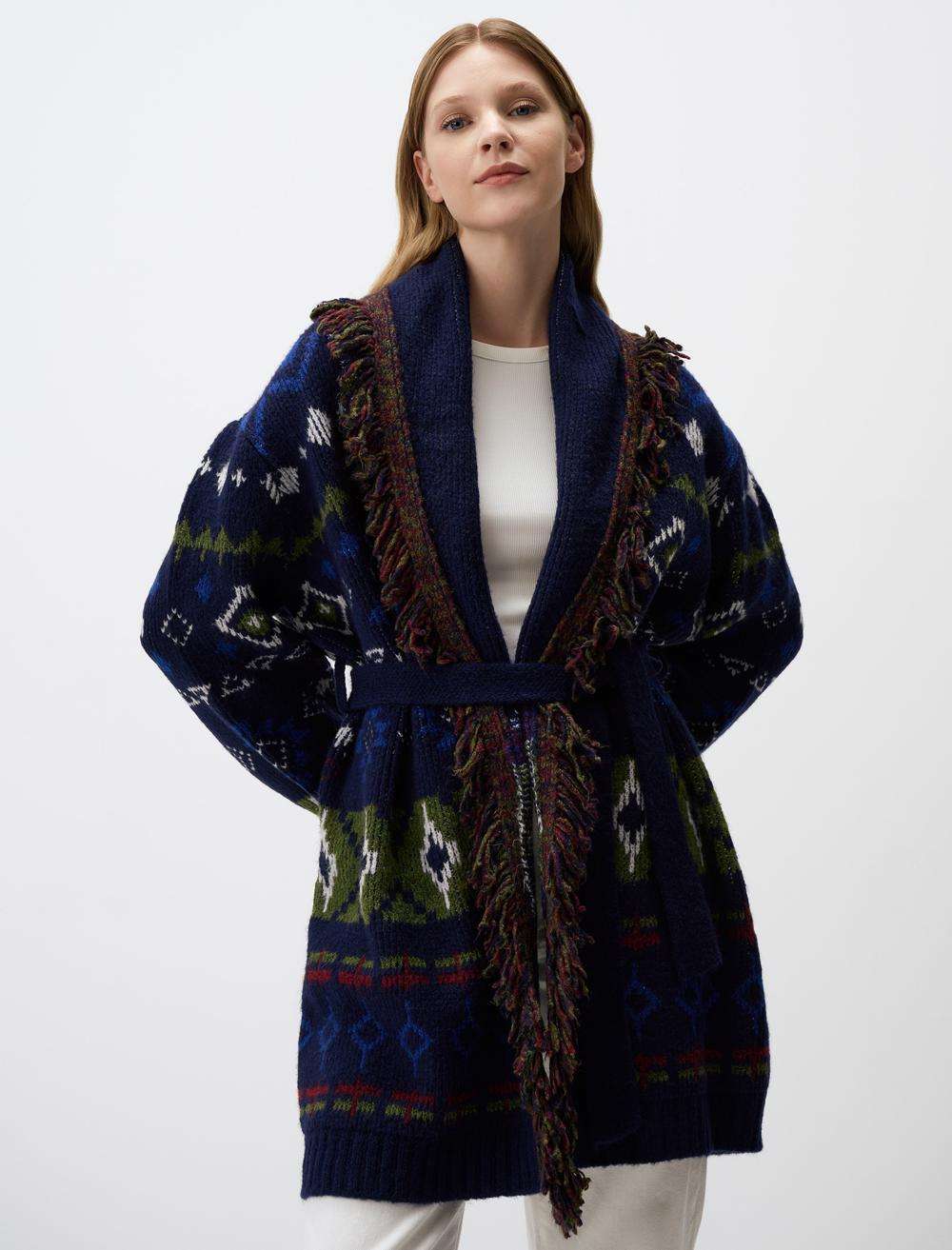 Loose Fit Open Neck Patterned Sweater Cardigan