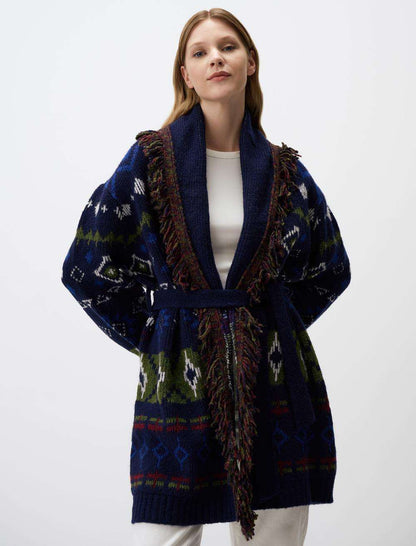 Loose Fit Open Neck Patterned Sweater Cardigan