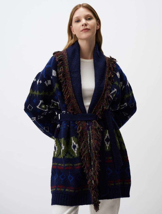 Loose Fit Open Neck Patterned Sweater Cardigan