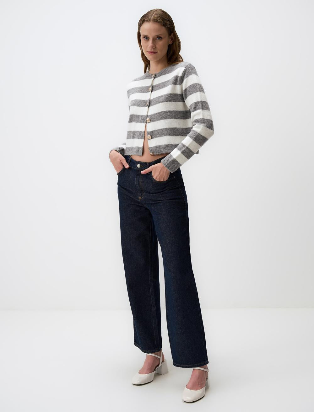 Long Sleeved Striped Patterned Knit Cardigan