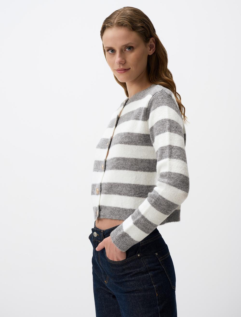 Long Sleeved Striped Patterned Knit Cardigan
