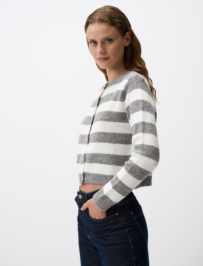 Long Sleeved Striped Patterned Knit Cardigan