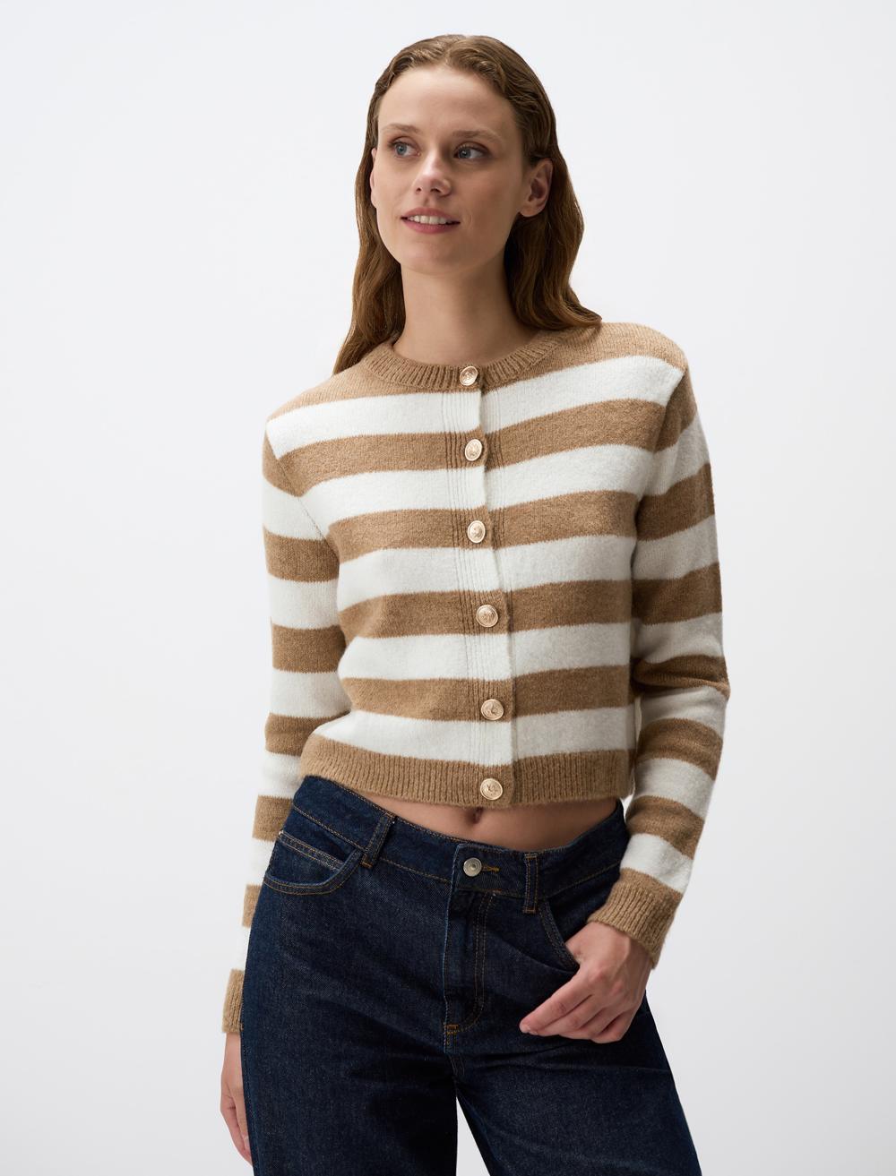 Long Sleeved Striped Patterned Knit Cardigan